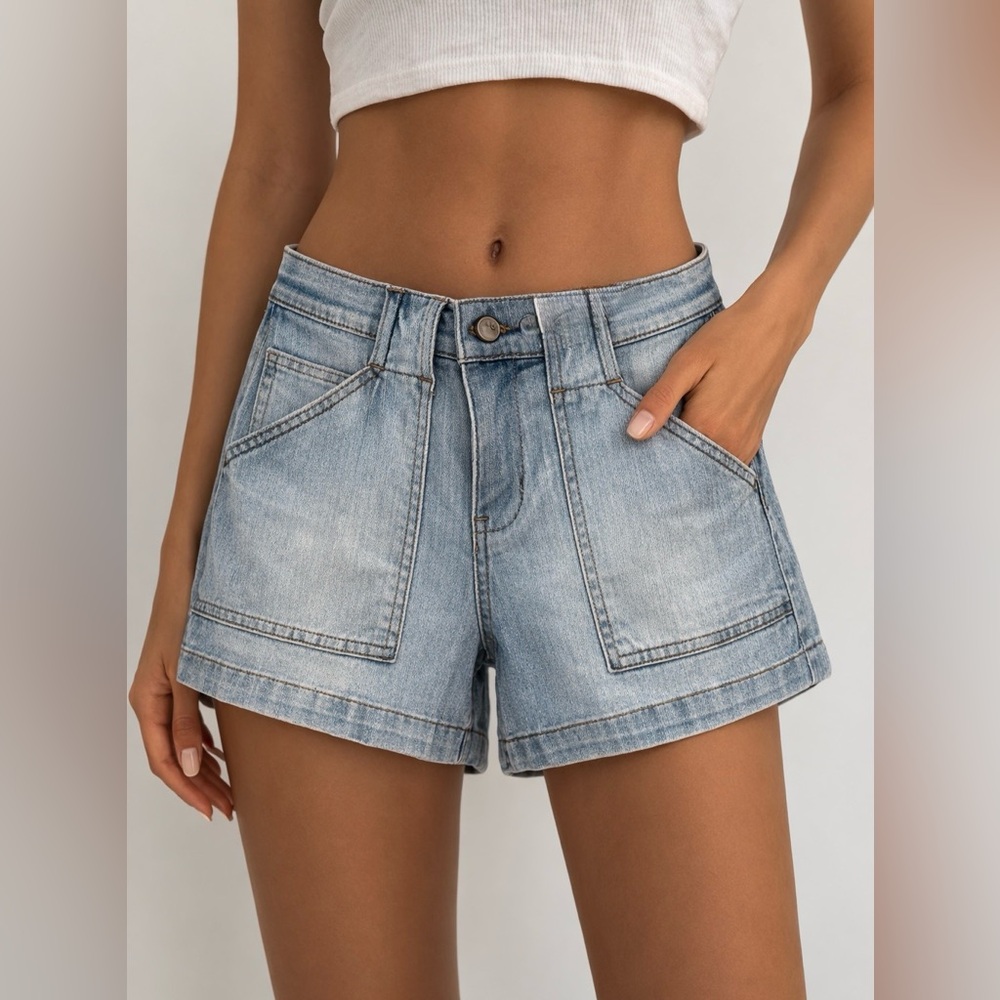 Cosmic Blue Love High Rise Denim Shorts Light Wash Festival Summer size 27